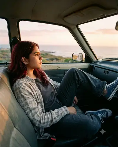 Woman in Old Car Coastal Road Photo