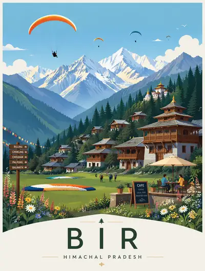 Minimalist vector travel poster of Bir, Himachal Pradesh