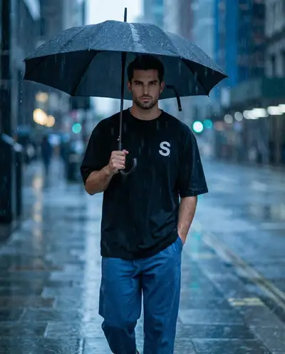 Homme marchant sous une forte pluie avec un parapluie noir la nuit