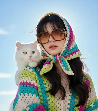 Editorial Fashion Portrait with Crochet Scarf and Cat