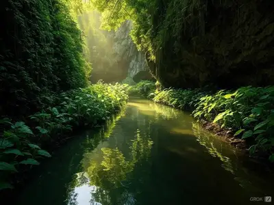 Serene Cave with Greenery and Sunlit Pool