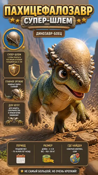 Cute Pixar style pachycephalosaurus fighter infographic