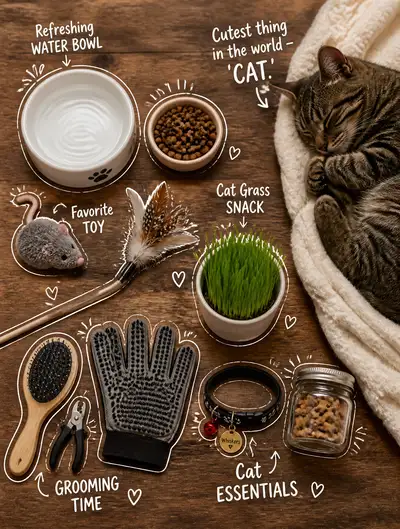 Cozy pet-care flat lay with cat toys, bowl and sleeping cat