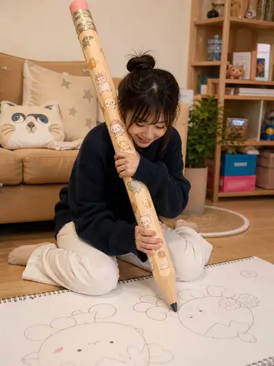 Candid photo of woman hugging giant pencil