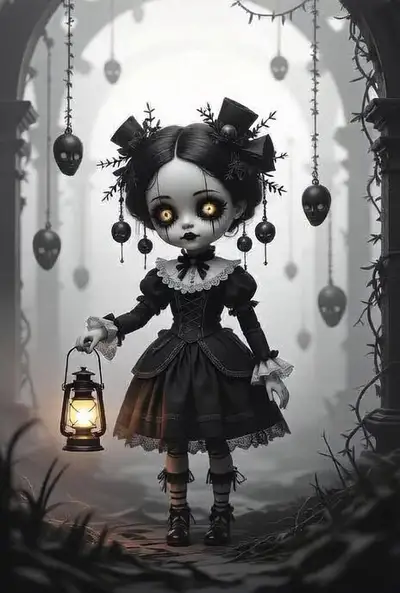 Surreal Steampunk Doll in Fog Labyrinth