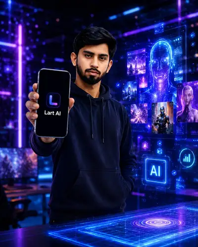 Futuristic tech branding scenes with holographic AI graphics