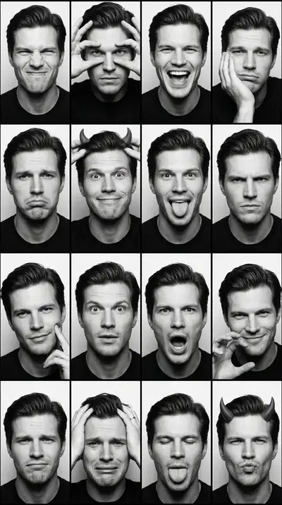 Black and White Photobooth Expression Grid 4x4