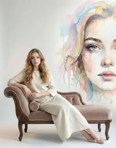 Cinematic Fine-Art Studio Portrait with Watercolor Mural