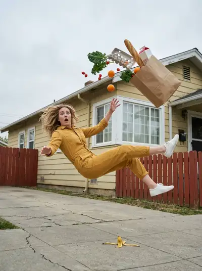 Woman falling backward mid-air as grocery bag explodes, comedic scene