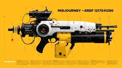 Exploded-parts infographic of a low-poly sci-fi pulse rifle