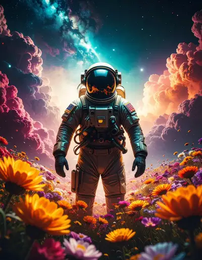 Astronaute parmi des fleurs néon dans l'espace