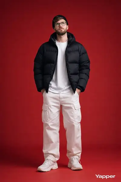 Studio fashion portrait of a man in a black puffer jacket