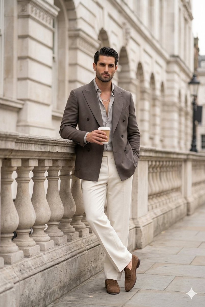 Full-body editorial portrait in neoclassical setting, Nano Banana Pro