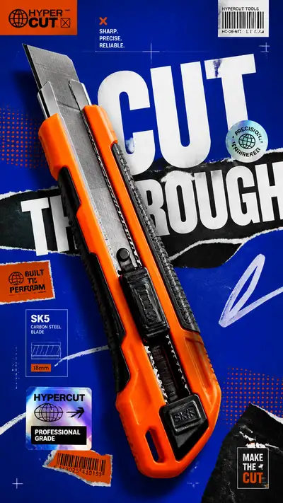 Creative Tools Advertising Poster Featuring a Neon Utility Knife