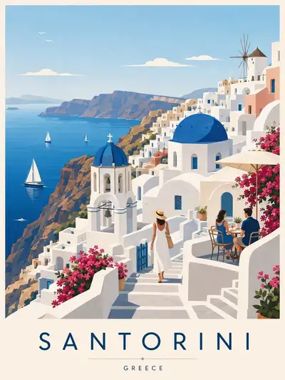 Mid-century flat vector travel poster of Santorini