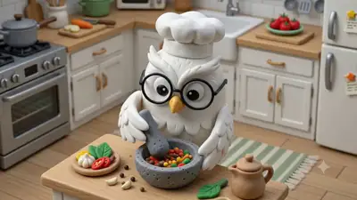 Chef mocho cozinha mie tek-tek, prompt curto de vídeo 3D estilo argila
