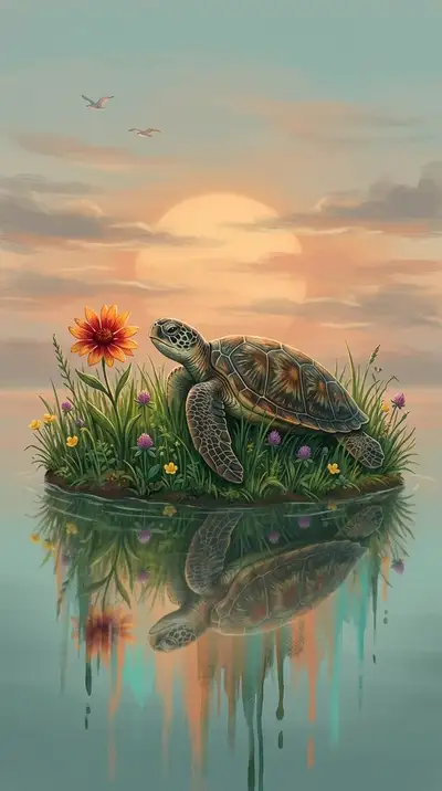 Fantasy illustration of a glowing turtle at twilight