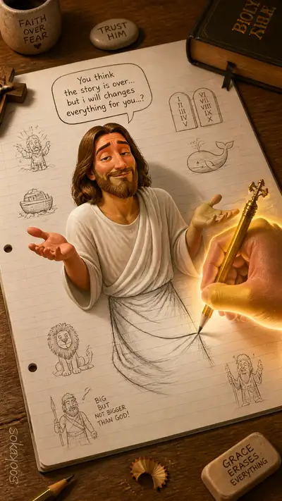 2D sketch to 3D pop-out comic illustration of Jesus