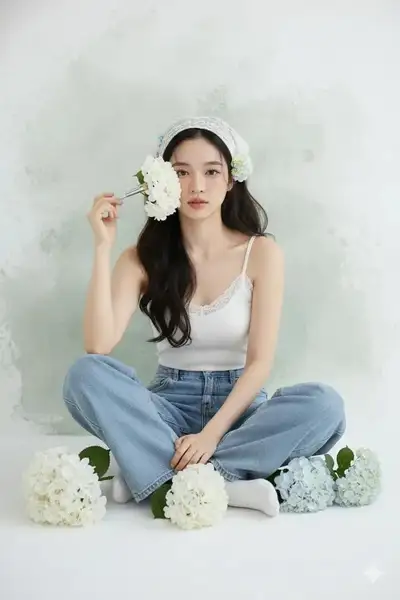 Studio Portrait Surrounded by Hydrangea Flowers