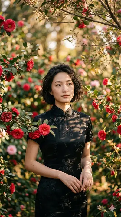 Woman in cheongsam in camellia garden - photorealistic image prompt