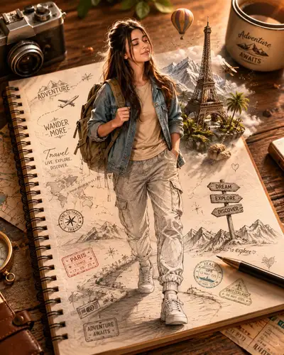 Voyageur émergeant d'un carnet dessiné vers la réalité en 3D