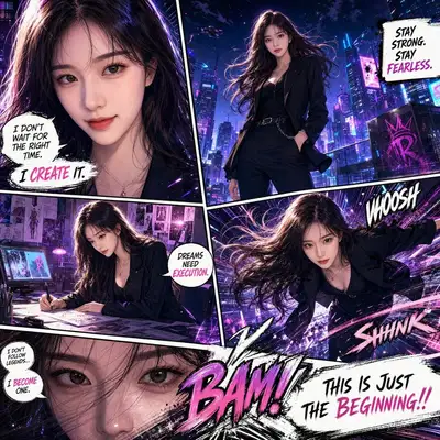 Manga transformation portrait with neon cyber-fashion panels
