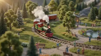 Petit train miniature à travers un monde animalier minuscule, vidéo tilt-shift