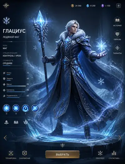 Ice mage MOBA hero screen looping animation prompt