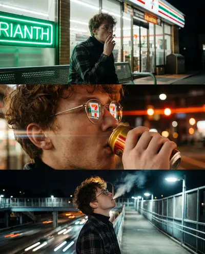 Vertical triptych urban noir night portrait