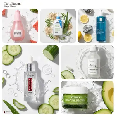 Skincare-style flat lay product shot with splash and ingredients