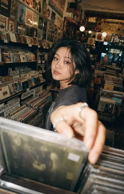 Ultra-realistic vintage record store lifestyle portrait