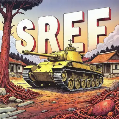Escena de guerra en un pueblo japonés con un tanque abandonado