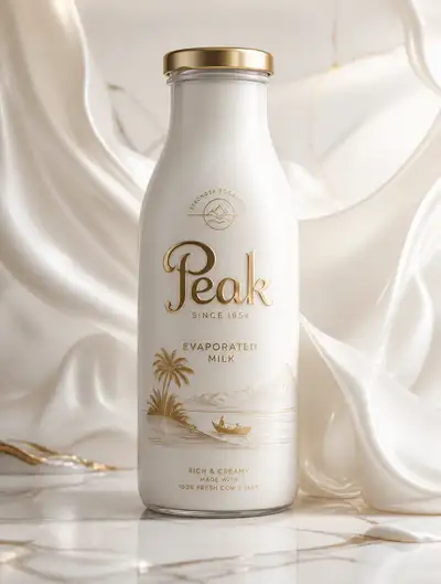 Peak evaporated milk tin and luxury bottle product photography