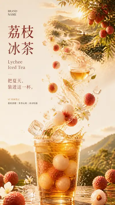 Cinematic lychee iced tea key visual advertisement