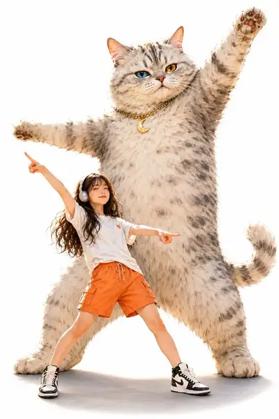 Giant Anthropomorphic Cat Posing with Reference Character