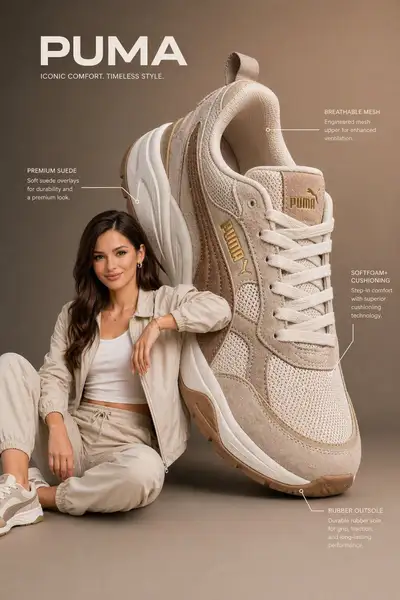 Übergroßes Puma-Sneaker-Produktinfografik mit Model