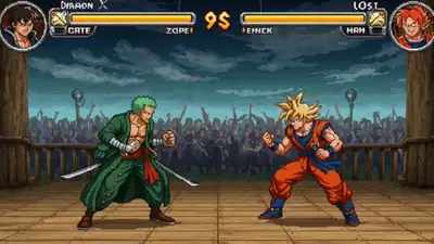Scène de jeu de combat anime en pixel art