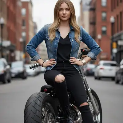 Biker-chic full-length portrait on a customized motorcycle