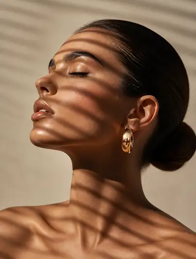 Harsh daylight blinds-shadow profile portrait
