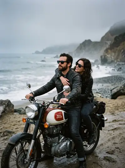 Cinematic couple portrait on a Royal Enfield motorcycle