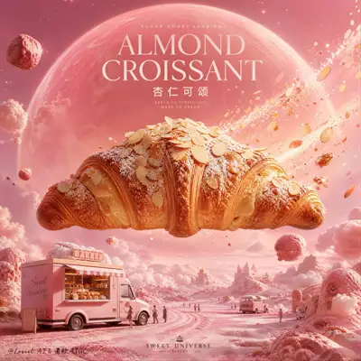 Almond croissant floating over a pink cosmic bakery dreamscape