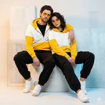 Portrait de studio d'un couple en streetwear jaune et blanc assorti