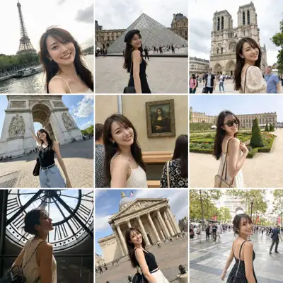Collage en grille 3x3 de photos de vlog de voyage à Paris (prompt JSON)