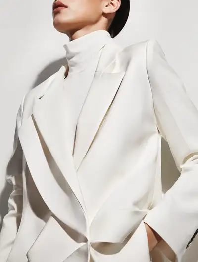 High-key editorial portrait in an ivory avant-garde blazer