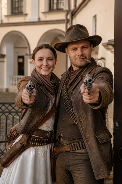 Wild West outlaw newlyweds photo edit, Russian prompt