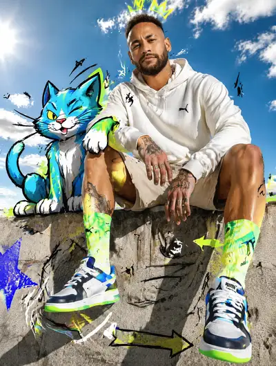 Fashion editorial photo of a footballer with a stylized cartoon cat