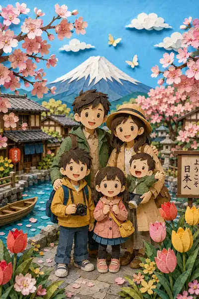 樱花村庄剪纸风格全家福