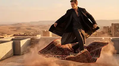Prompt JSON editorial de alta moda com tapete mágico voador