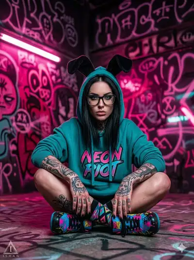 赛博朋克霓虹肖像，纹身女子