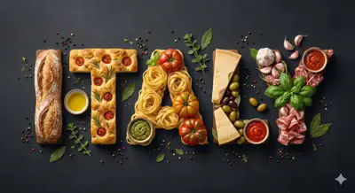 Country name spelled in bold letters filled with traditional food